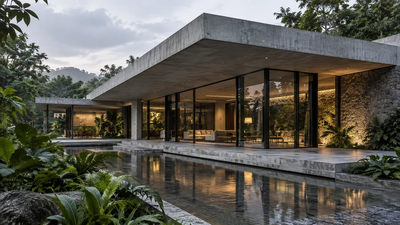 Monochrome view of a concrete residence with a broad cantilever roof, glass walls and a reflecting pool