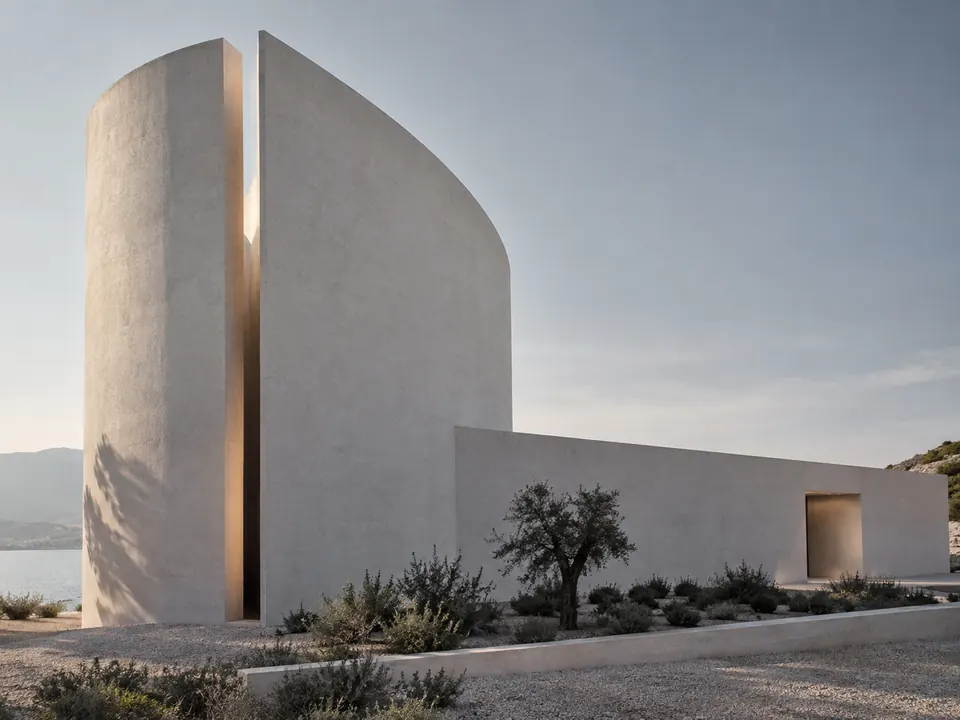 Monochrome curved concrete gallery, with a narrow opening that draws light into its sculptural form